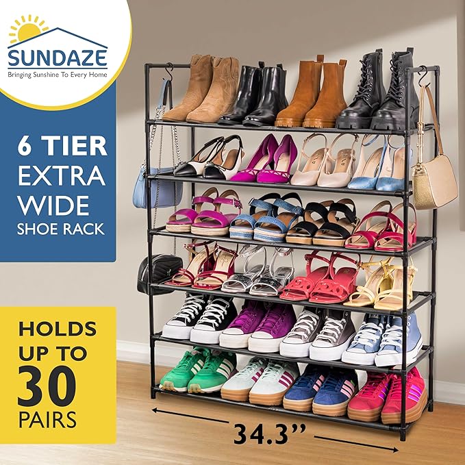 Sundaze Shoe Rack - 6 Tier Shoe Rack for Front Door Entrance, Sturdy Tall Shoe Organizer for Closet, Bedroom, Entryway, Garag