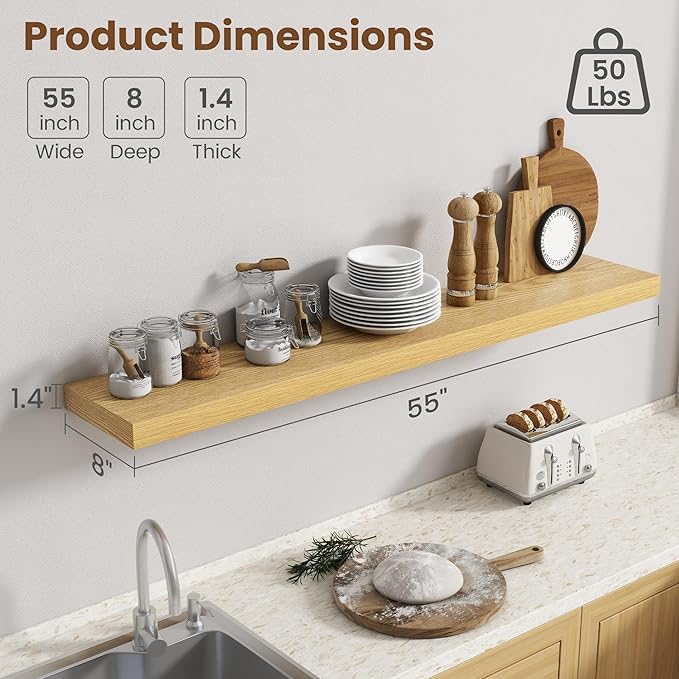 55 Inch Floating Shelves for Wall, 8 Inch Deep Floating Shelf for Storage & Display, Rustic Wall Mounted Shelf with Invisible