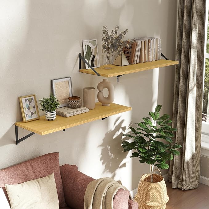 Deep Floating Shelves Wall Mounted, 36"x12" Oak Wall Shelves with Brackets Set of 2 for Bedroom, Living Room, Bathroom, Kitch