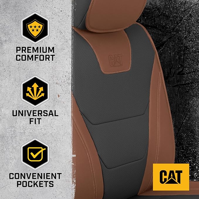 Cat® Edge Deluxe Faux Leather Car Seat Covers – Full Set (2 Front + 1 Rear Bench) – Semi-Custom Universal Fit, Two-Tone Black