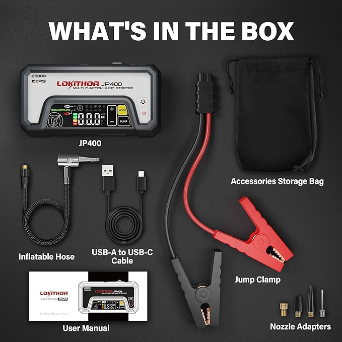 LOKITHOR JP400 Jump Starter with Air Compressor, 2500A 12V Portable Car Battery Booster Pack (8.5L Gas/6.5L Diesel) with