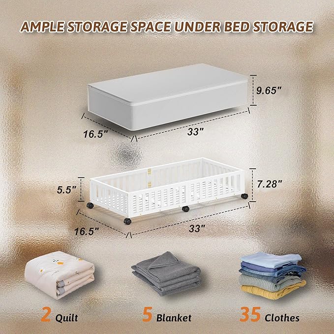 Bamboo Under Bed Storage Containers with Wheels, 2 Pack Large Under the Bed Shoe Storage Bins, Wood Rolling Underbed Drawers 