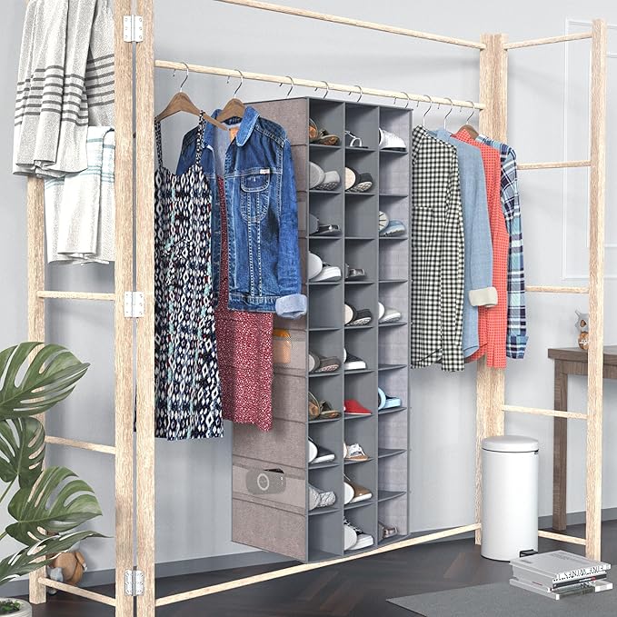 coastal rose Hanging Shoe Organizer, 30 Sections Hanging Shoe Organizer for Closet with 6 Mesh Pockets, Space Saving Hanging 