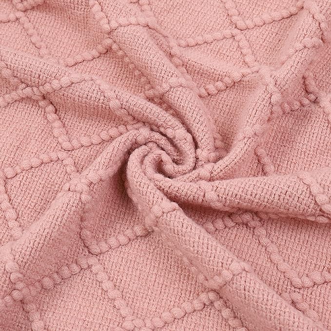 BATTILO HOME Blush Throw Blanket with Tassels, Pink Knit Blanket for Home Decor, Boho Style Textured Knitted Decorative Twin 