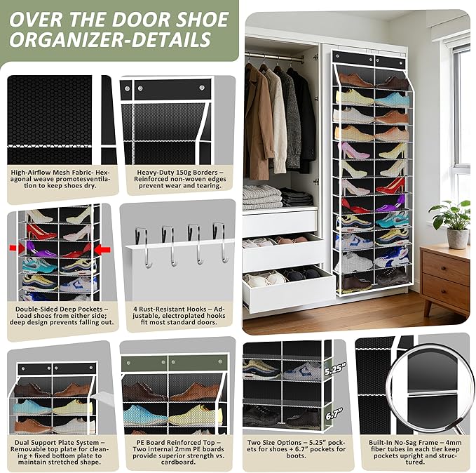 Kotkn 24-Pair Over Door Shoe Organizer for Family & Kids, Double Sided | Hanging Storage for Sneakers, Boots, Toys & Room Org