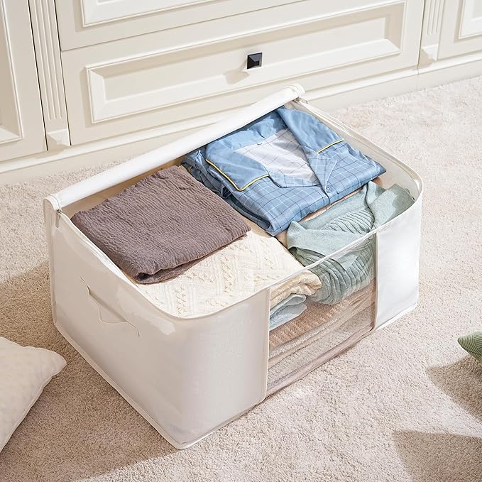 TYEERS Large Storage Bags with Zipper and Clear Window, Cotton Blended Fabric Storage Containers for Seasonal Clothes and Bed