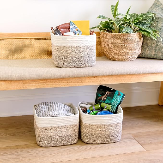 NaturalCozy Storage Cubes 9”x9”x7”Cotton Rope Woven Baskets for Organizing 3-Pack | 9 Inch Cube Storage Bin | Small Basket fo
