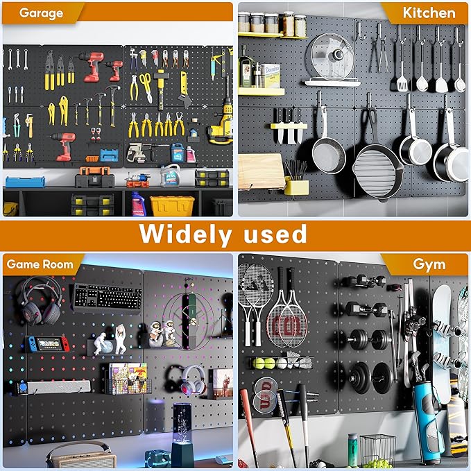 Peg Board, 114PCS Heavy Duty Metal Pegboard with Hooks, 8 Pack Black Peg Board Panels, 60lbs Load Capacity Each, Pegboard Wal