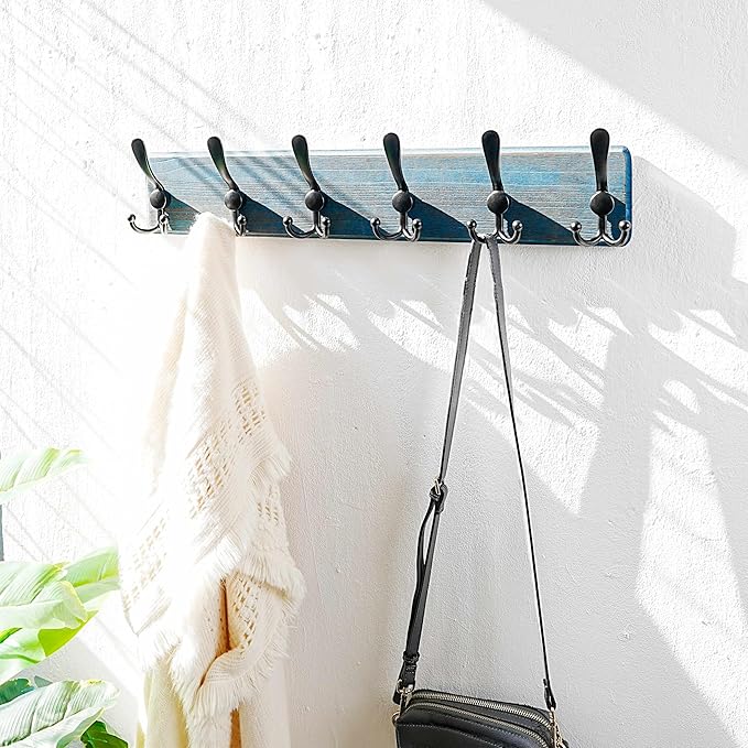 Dseap Coat Rack Wall Mounted - 24" Long 6 Tri Hooks, Heavy Duty Wooden Wall Coat Hanger Coat Hook for Clothes Hat Jacket Clot