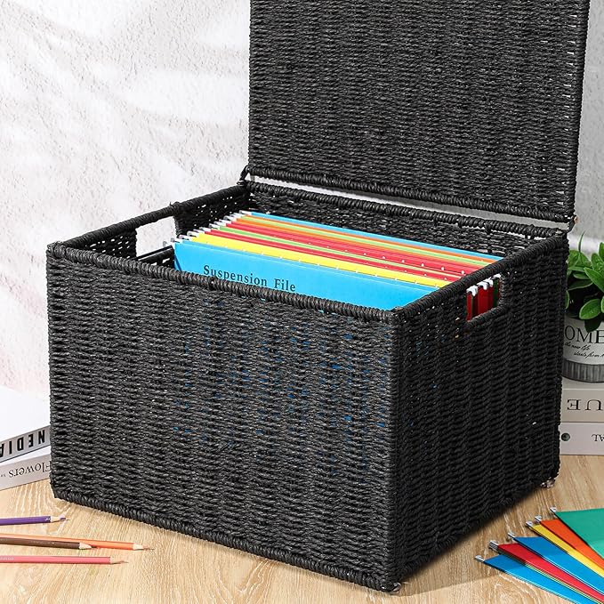Cinnvoice Extra Large Decorative File Box 18 x 16 x 13 in Wicker Seagrass File Basket Organizer for Letter Legal Size Hand Wo