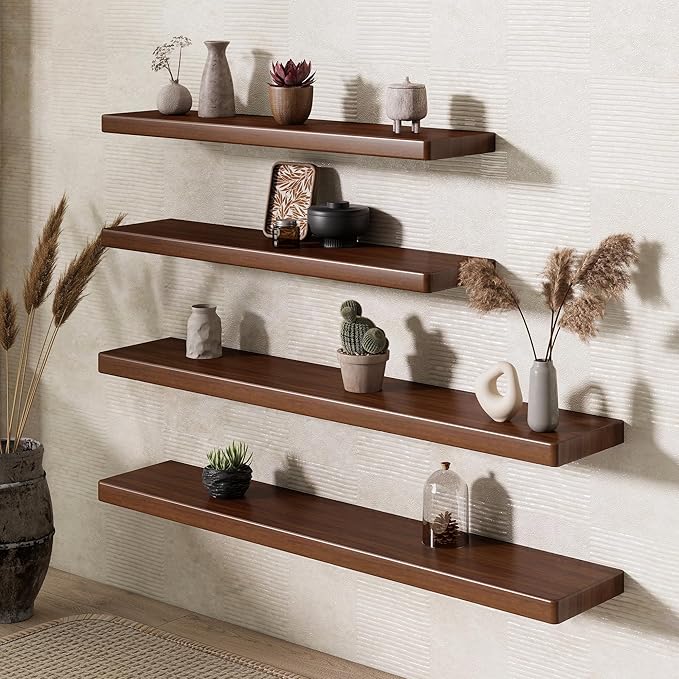 48" Rustic Walnut Wood Floating Shelves, 8 Inch Deep Wall Shelves for Home Decor, Wall Mounted Floating Shelf with Invisible 