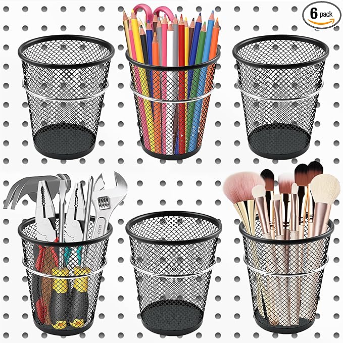 6 Sets Pegboard Cups with Ring, Metal Pegboard Bin with Hooks, Black Multipurpose Pegboard Organizer Accessories Pencil Holde