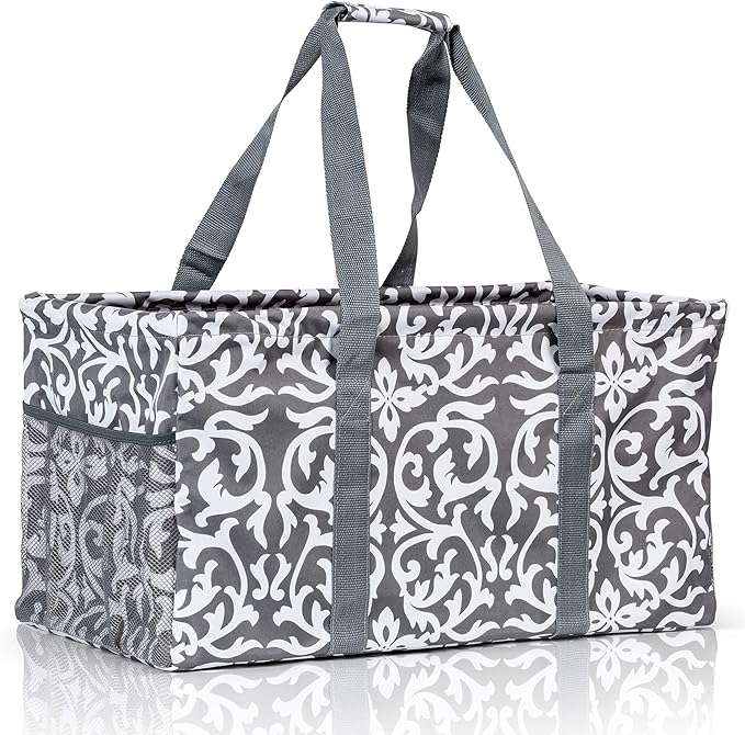 Extra Large Utility Tote Bag - Oversized Collapsible Reusable Wire Frame Rectangular Canvas Basket With Two Exterior Pockets For Beach, Pool, Laundry, Car Trunk, Storage - Damask Gray