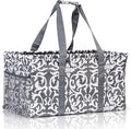Extra Large Utility Tote Bag - Oversized Collapsible Reusable Wire Frame Rectangular Canvas Basket With Two Exterior Pockets For Beach, Pool, Laundry, Car Trunk, Storage - Damask Gray
