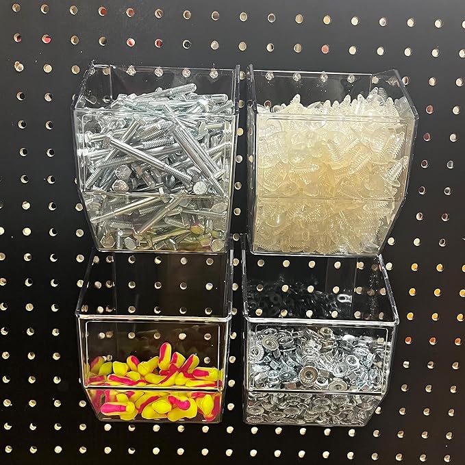 Clear Acrylic Pegboard Bins, 4-Pack, Snap-On Storage Cups for Standard Pegboard, Garage Workbench Organizer for Screws, Nails