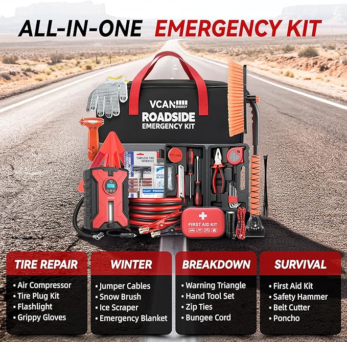 Car Emergency Safety Kit Bag with Portable Air Compressor, Jumper Cables,First Aid Kit, Winter Vehicle Roadside Emergency Kit