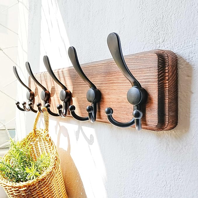 Dseap Coat Rack Wall Mounted - 5 Tri Hooks, Heavy Duty, Wooden Wall Coat Hanger Coat Hook for Clothes Hat Jacket Clothing, Na