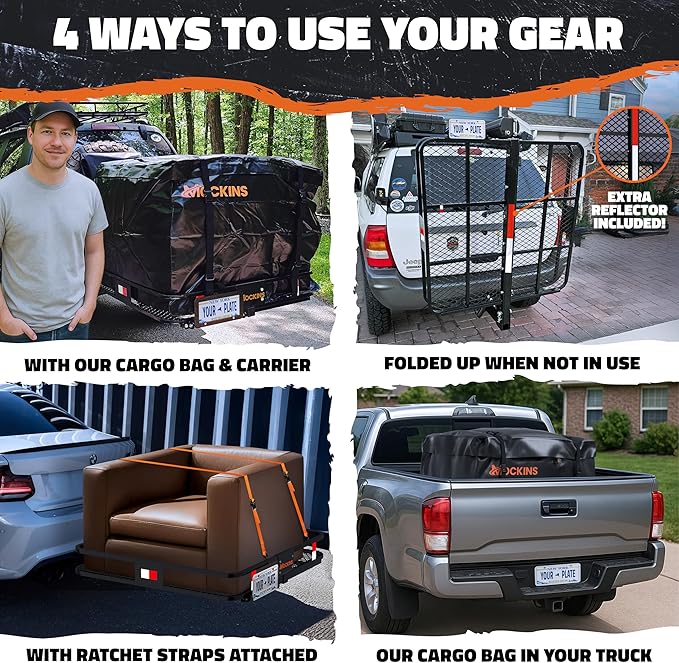 Mockins 40"x40"x6" Extra Deep Square Trailer Hitch Cargo Carrier & 30 CuFt Square Waterproof Cargo Hitch Carrier Bag | 500 Lbs. Capacity Folding Luggage Rack for SUV Car Truck RV & More w/Accessories