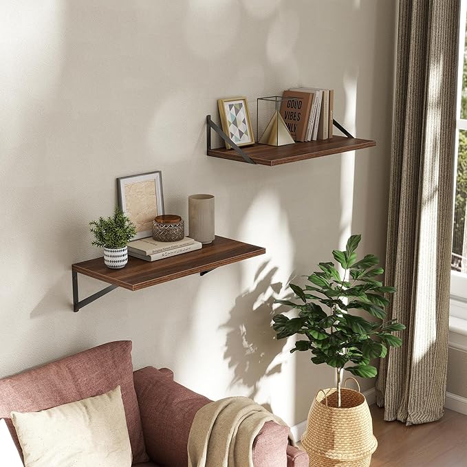 Deep Floating Shelves Wall Mounted, 24"x12" Walnut Wall Shelves with Brackets Set of 2 for Bedroom, Living Room, Bathroom, Ki