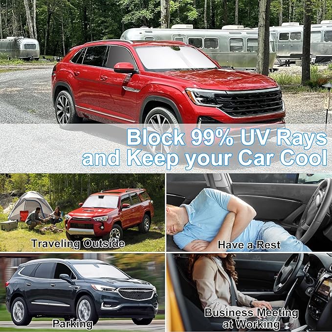 3PCS Car Window Shades Front Windshield Sun Shade Foldable Window Shade Custom Fit for Volkswagen Atlas VW Atlas Cross Sport 2018-2026 Shades Windows Anti-UV Rays Block Heat