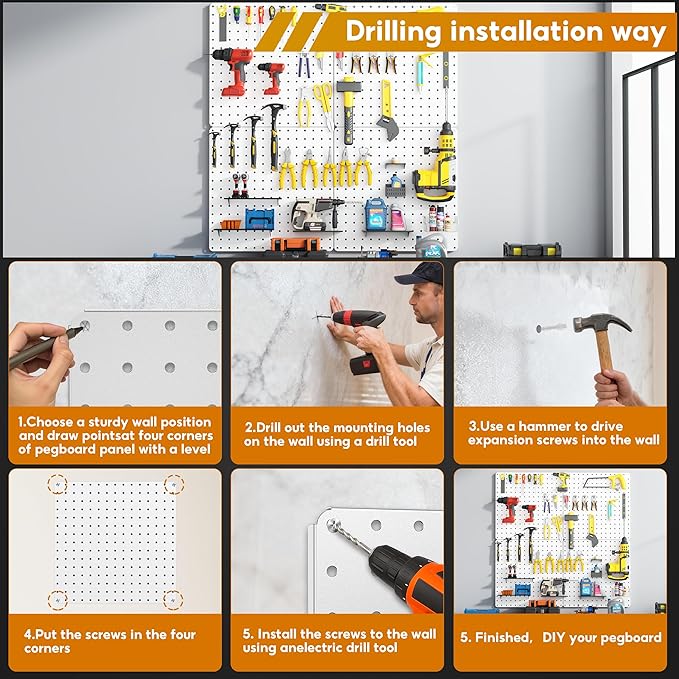 Peg Board, Total 32” x 32”, 68PCS Heavy Duty Metal Pegboard with Hooks, 4 Pack White Peg Board Panels, 50lbs Load Capacity Ea