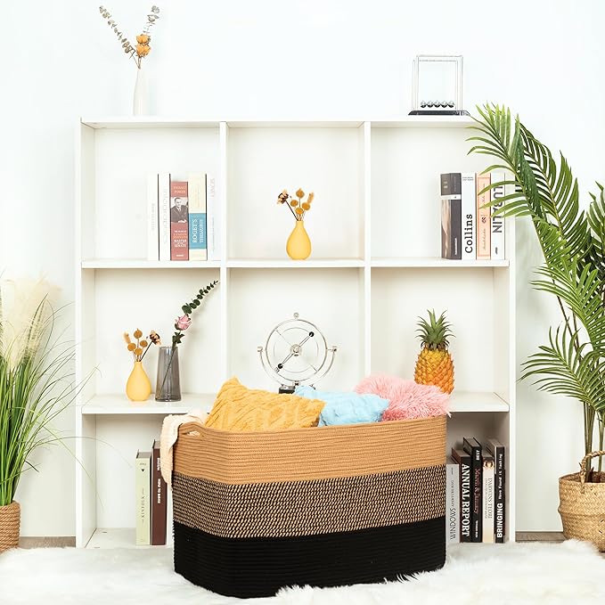 MINTWOOD Design 112L Extra Large Blanket Basket Holder Living Room, 25"x17"x16" Rectangle Rope Woven Storage Basket with Hand