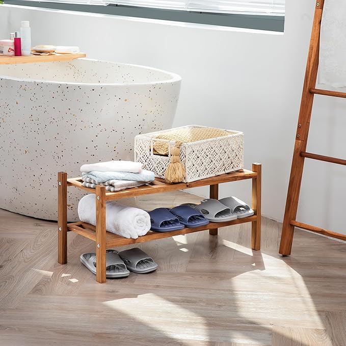 VICTORY RELAX Natural Acacia Wood 2-Tier Folding Shoe Rack – Space-Saving Wooden Shoe Organizer Shelf for Entryway, Hallway, 