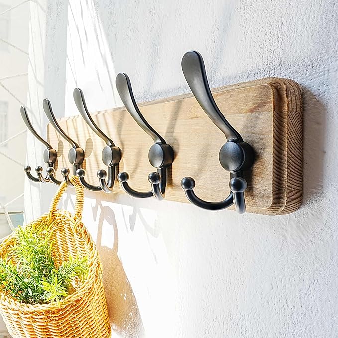 Dseap Coat Rack Wall Mount - Heavy-Duty Robust Barnwood-Style Wooden Wall Coat Hanger Hook Rail with 5 Triple Hooks for Winte