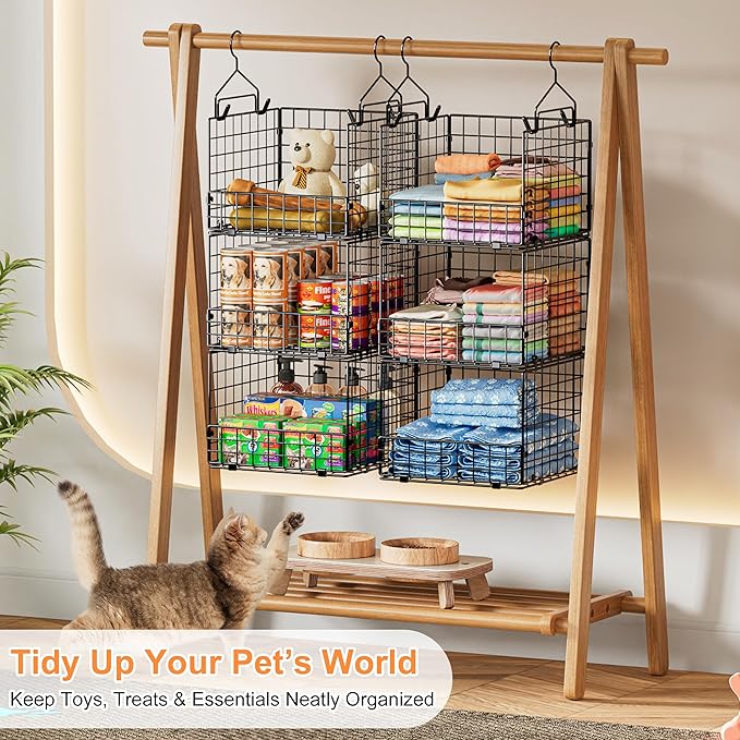 Sonyabecca 3-Tier Hanging Closet Organizer, Foldable Cabinet Wire Storage Basket Bins with 5 S Hooks, Closet Shelves & Hangin