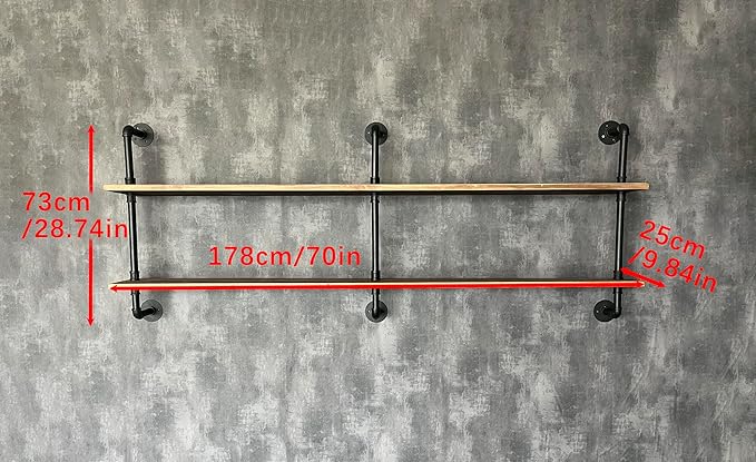 Floating Shelves Wall Bookshelf Industrial Pipe Shelving Shelves Real Wood Planks 70 inch Rustic Wall Shelves Hanging Bookshe
