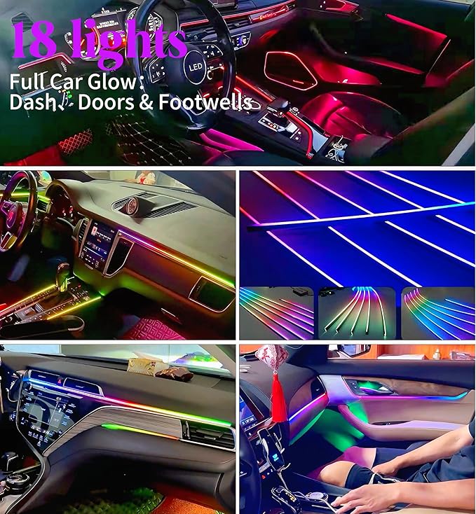 Acrylic Interior Car LED Strip Lights, Dreamcolor 18-in-1 Car Ambient Lighting Kit, with APP Control, 622 LED Fiber Optic Strip Lights for Cars, Supports Neon Sync with Music DIY Mode.