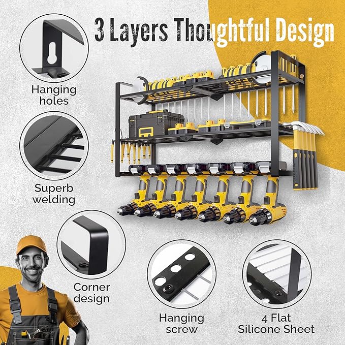 3 Shelf 7 Drill Holder Power Tool Organizer Wall Mount, Tool Storage Rack for Garage, Pegboard, Workshop walls | Compatible f