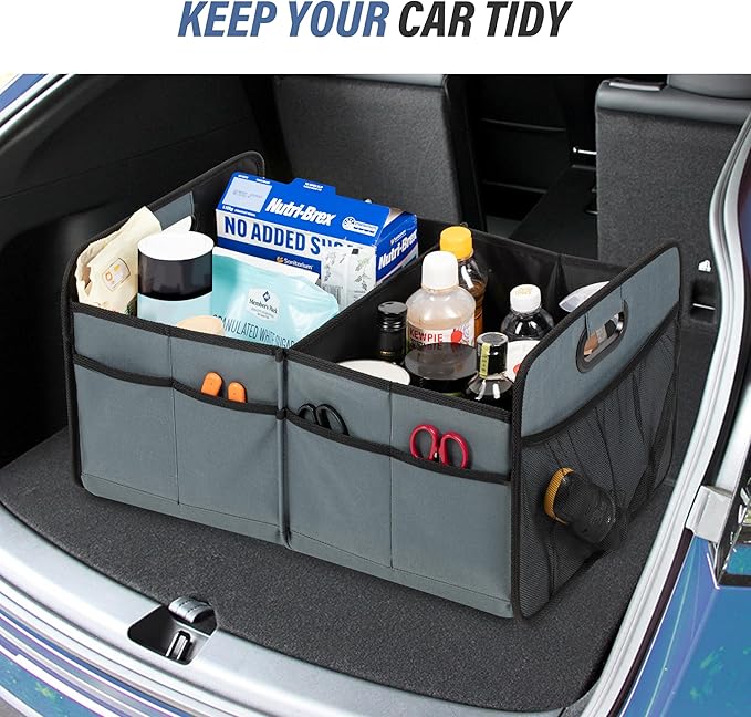 Simple Deluxe Car Trunk Organizer, 2 Compartments Collapsible Trunk Storage for SUV & Truck, Anti-slip Design, Made of Waterpr