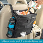 High Road Car Organizer with Car Trash Bin and Tissue Holder - Holds Full Size Tissue Box, Bottles and Wipe Containers - 2 Gal Leakproof Covered Trash Can with Push-Close Lid