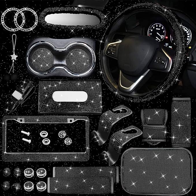 25PCS Bling Car Car Accessories Set,15 Inch Steering Wheel Cover,Shiny License Plate Frame,Center Console Cover and Rearview Mirror Set and Other Car Accessories(Black)