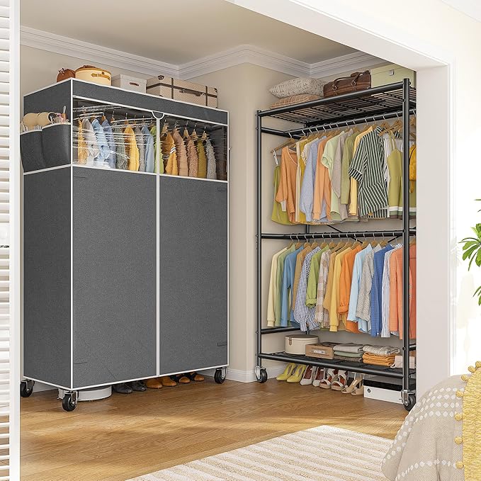 Raybee 80.32" H Clothes Rack with Cover,Rolling Clothing Racks for Hanging Clothes with Wheels,Heavy Duty Portable Garment Ra