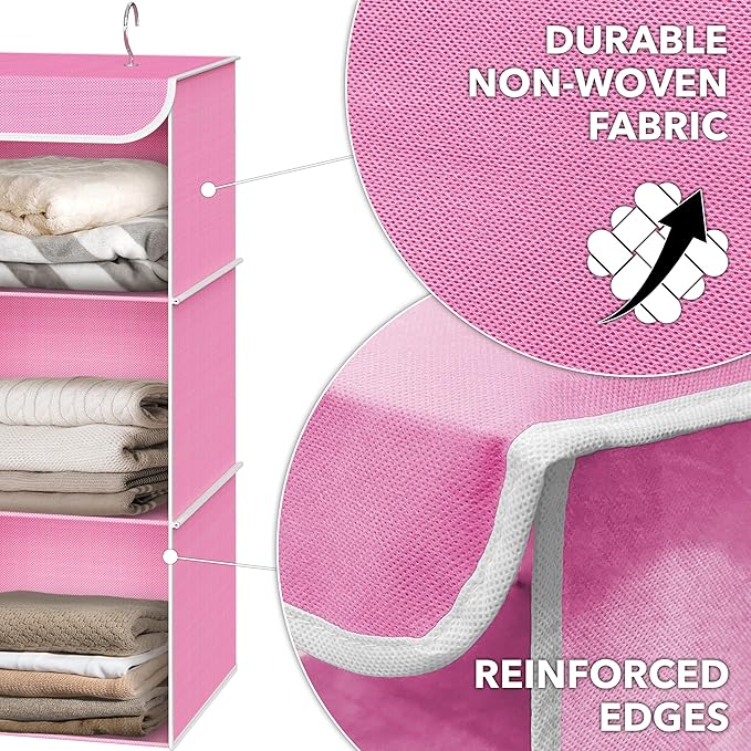 Simple Houseware 3-Shelf Hanging Closet Organizer, Fabric Storage Shelves with 57L Capacity, Pink