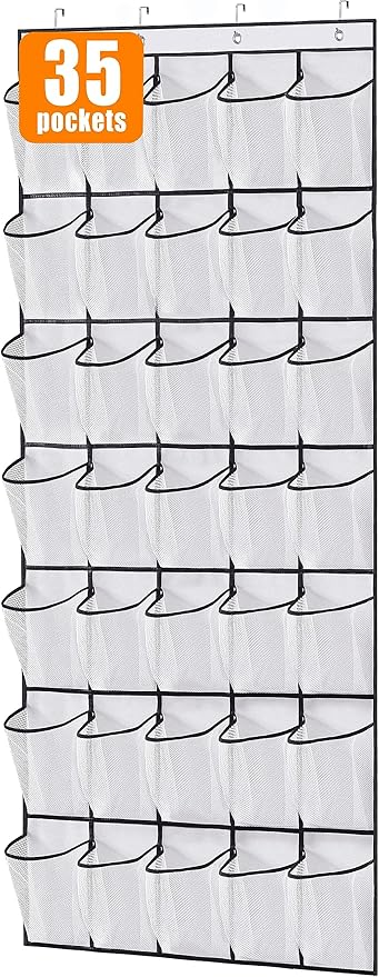 MISSLO 35 Large Pockets Over The Door Shoe Organizer Sturdy Oxford Fabric Hanging Shoe Rack for Door Mesh Closet Shoe Holder 