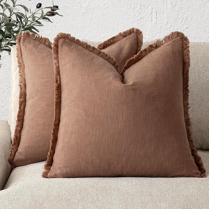 Foindtower Set of 2 Decorative Linen Fringe Throw Pillow Covers Cozy Boho Farmhouse Cushion Cover with Tassels Soft Accent Pi