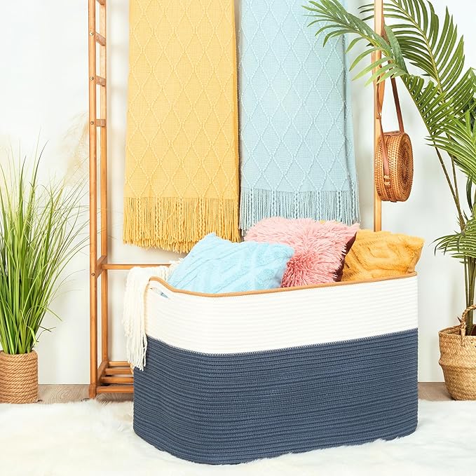 MINTWOOD Design 112L Extra Large Blanket Basket Holder Living Room, 25"x17"x16" Rectangle Rope Woven Storage Basket with Hand
