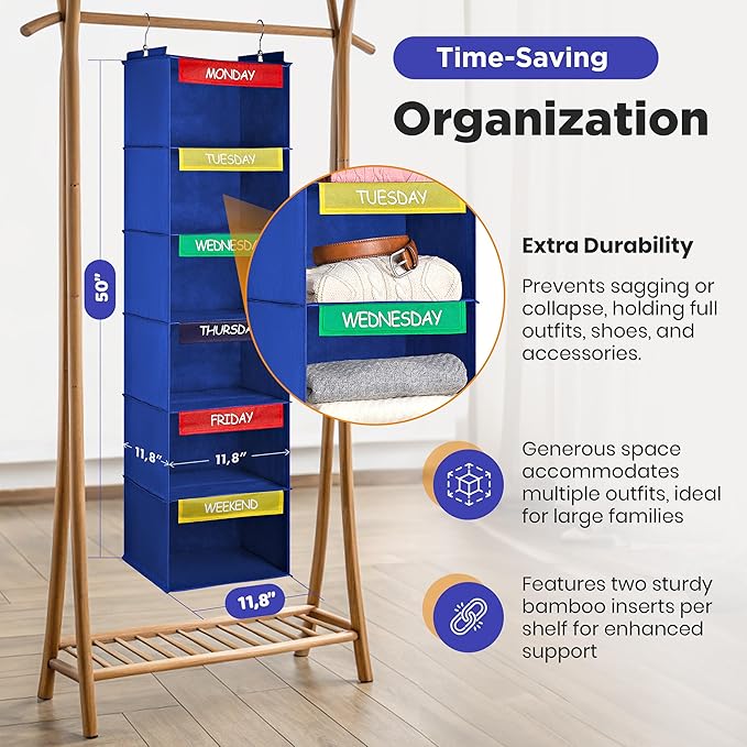 Handy Laundry Hanging Clothes Organizer for Kids - 6-Shelf Closet Daily Clothing Organization Labeled Shelves with Days of Th