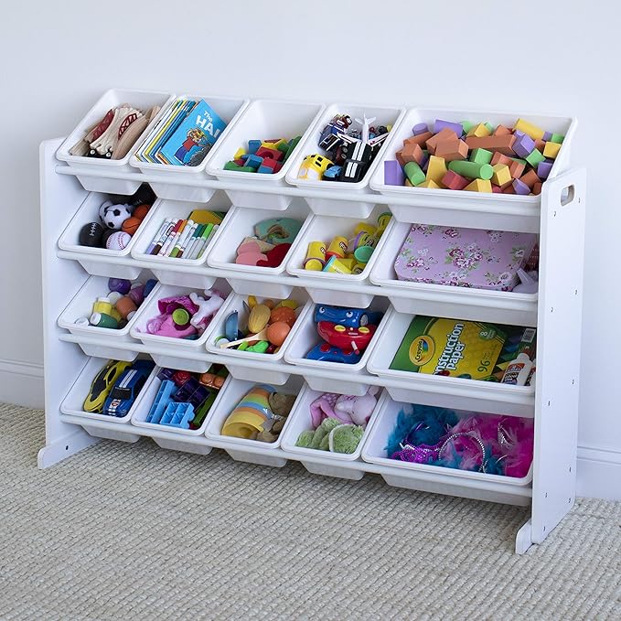 Humble Crew Extra-Large Toy Organizer with 20 Plastic Bins – White/White Storage Rack with 4-Tier Shelves, Anti-Tip Safety, f