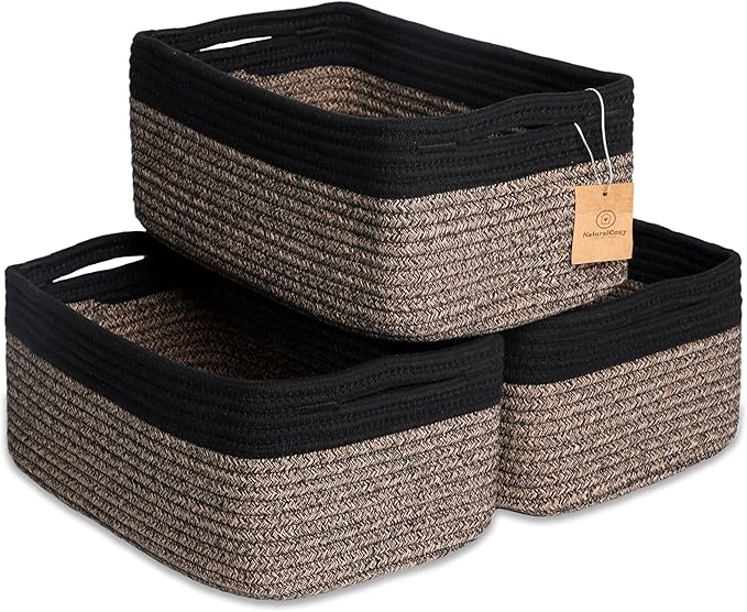NaturalCozy 13.5”x8.5”x5.5” Rectangle Storage Baskets for Shelves 3 Pack | Cotton Rope Woven Small Baskets for Organizing | S