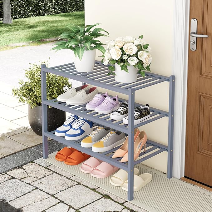 Smiry Shoe Rack, 3 Tier Thick Bamboo Shoe Organizer, Stackable Free Standing Wooden Shoe Storage Shelf for Closet, Entryway, 