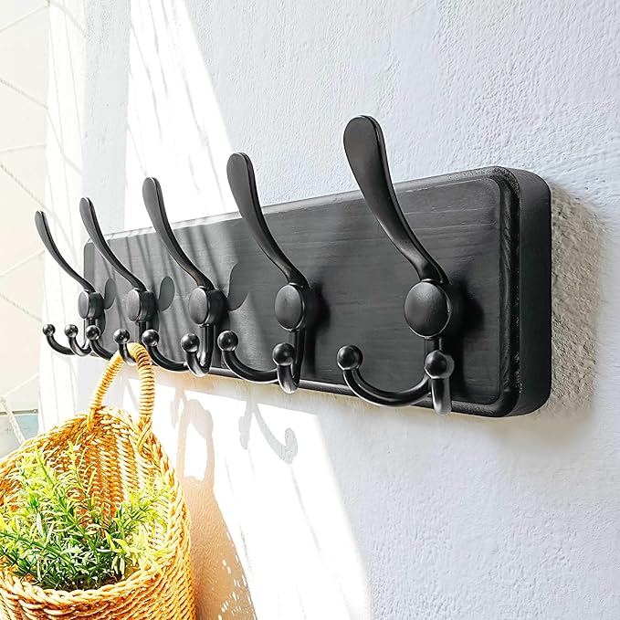 Dseap Coat Rack Wall Mounted - 5 Tri Hooks, Heavy Duty, Wooden Wall Coat Hanger Coat Hook for Clothes Hat Jacket Clothing, Bl
