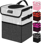 Cute Mini Car Trash Bag with Lid, Glitter Garbage Can Bin Hanging for Back/Front Seat/Console, Waterproof, Leakproof, 2.5 Gallon, Silver Bling Sparkly