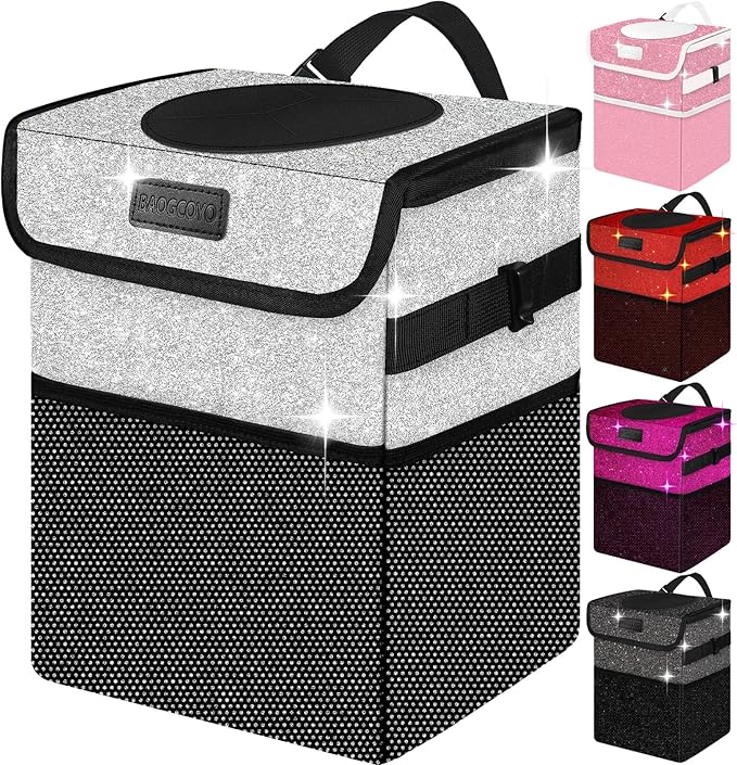 Cute Mini Car Trash Bag with Lid, Glitter Garbage Can Bin Hanging for Back/Front Seat/Console, Waterproof, Leakproof, 2.5 Gallon, Silver Bling Sparkly