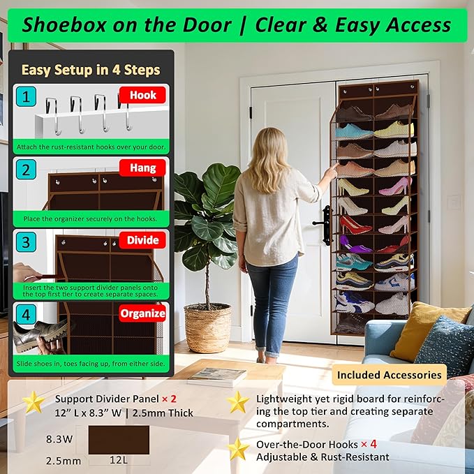 Kotkn 24-Pair Over Door Shoe Organizer for Family & Kids, Double Sided | Hanging Storage for Sneakers, Boots, Toys & Room Org