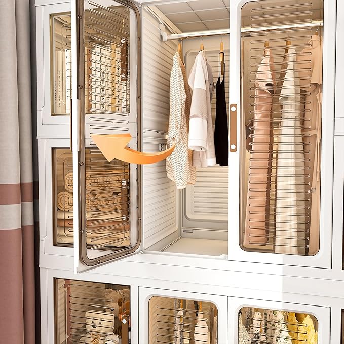 Portable Closet Wardrobe, Foldable Clothes Organizer with 10 Cubby Storage, 2 Hanging Rods, Easy Assemble Clothing Storage wi