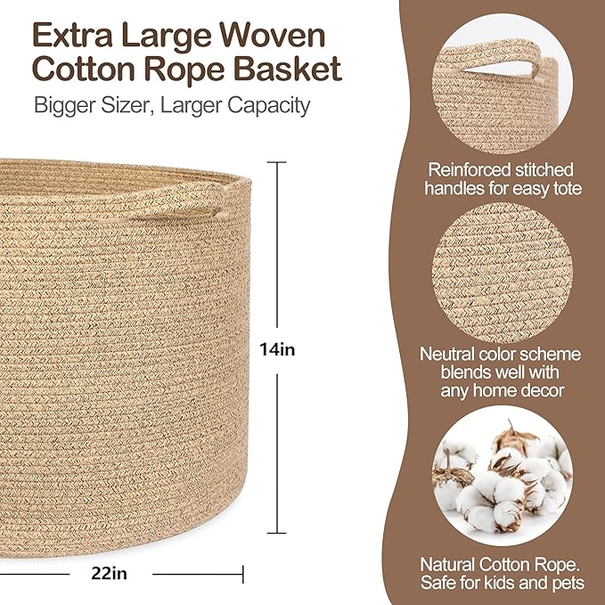 MEGASKET Large Wicker Storage Basket, 22” X 22” X 14” Woven Cotton Rope Basket, Kids Dog Toy Bin Organizer, Blanket Pillow Ho